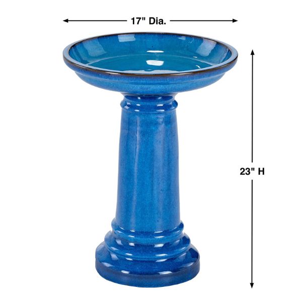 Blue ceramic bird bath with dimensions on a white background