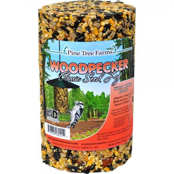 Bird seed container with Pine Tree Farms label on a white background