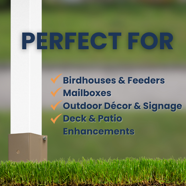 4x4 Post Steel Ground Socket – Heavy-duty steel anchor for birdhouses, feeders, signs, and outdoor décor. 20" deep shaft with a spiral auger for stability. Secure grip with dual threaded rods or bolt-through mounting. Durable tan powder-coated finish blends with outdoor spaces. Made in the USA.