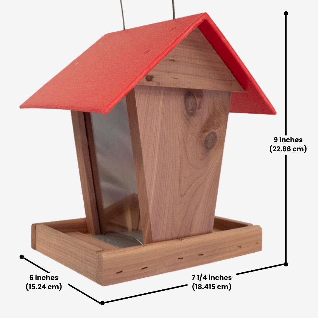 Handmade Amish Cedar and Recycled Plastic Hopper Bird Feeder with a red roof, built for durability and eco-friendly bird feeding