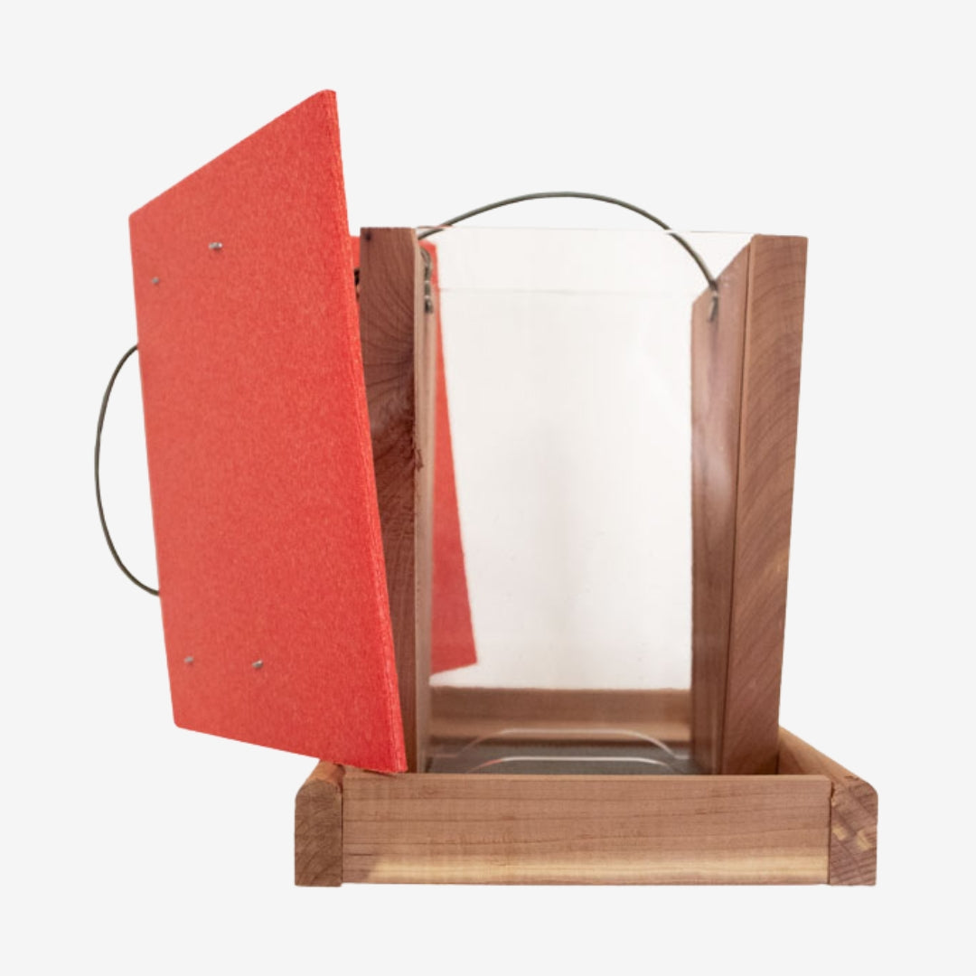Handmade Amish Cedar and Recycled Plastic Hopper Bird Feeder with a red roof, built for durability and eco-friendly bird feeding