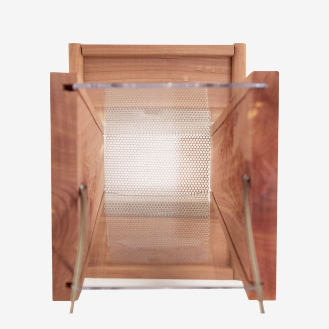 Handmade Amish Cedar and Recycled Plastic Hopper Bird Feeder with a red roof, built for durability and eco-friendly bird feeding