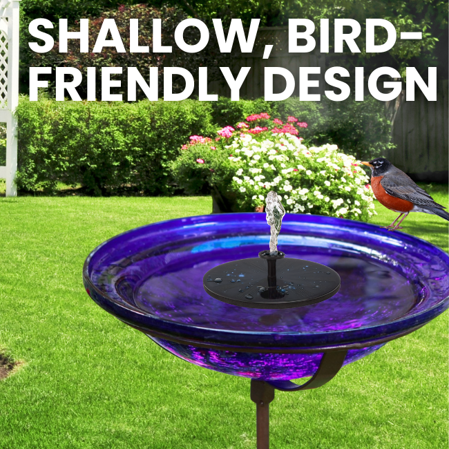 A stunning cobalt glass birdbath with a solar-powered fountain, providing a shallow, bird-friendly design, set in a lush garden with a bird perched nearby.