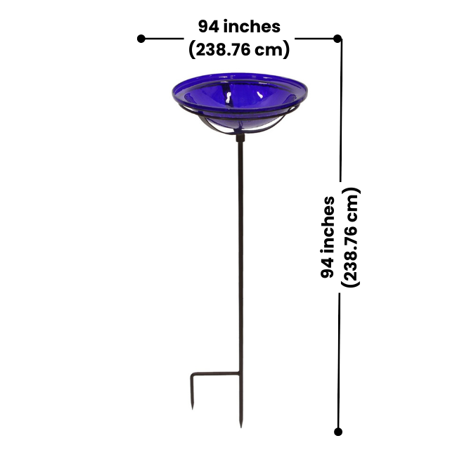 A beautifully crafted cobalt glass birdbath with a solar-powered fountain in a peaceful garden setting, providing a shallow and bird-friendly watering spot.