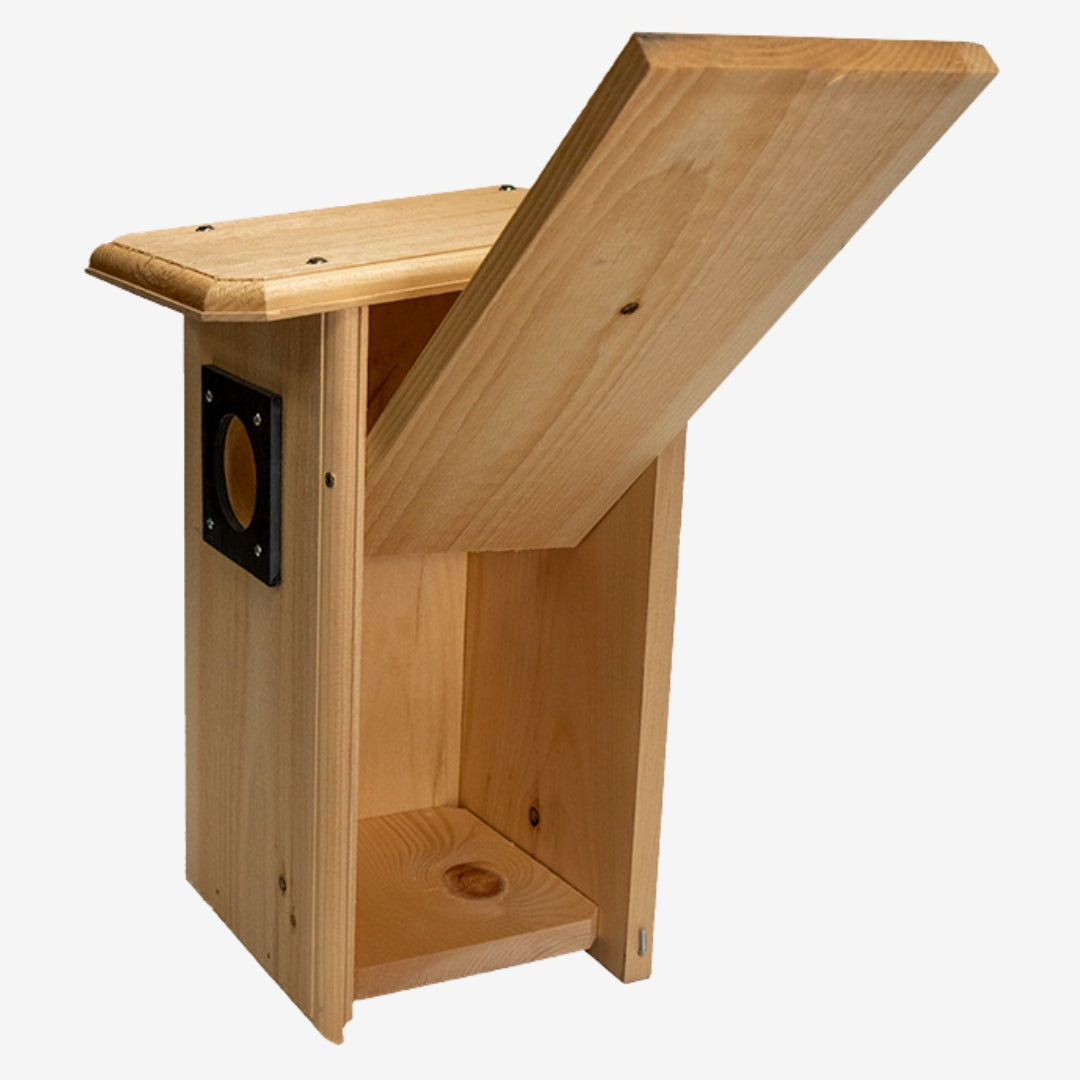Coveside Flicker House, ideal for birdwatching enthusiasts looking to attract woodpeckers and flickers with a sturdy, natural birdhouse