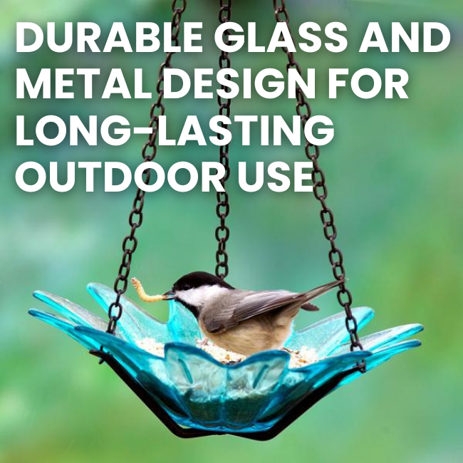 Durable design of the Flower Power Teal Glass Birdfeeder with black chain for hanging
