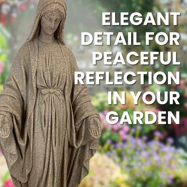 lose-up of the Mother Mary Garden Statue showing intricate detailing on her robes, face, and the serene expression of faith. The statue also displays the symbolic serpent and apple at the base.