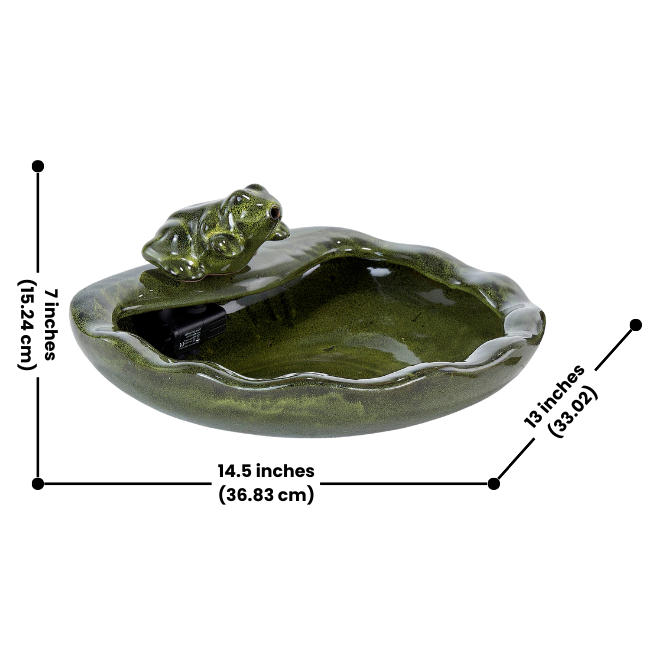 An image showcasing the fountain's dimensions (14.5”L x 13”W x 7”H) to help visualize its compact yet elegant size.
