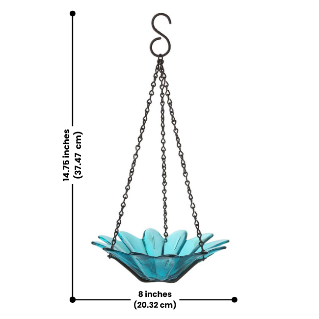 Dimensions of the Flower Power Teal Glass Birdfeeder showing its 8 inch length and 14.75 inch height