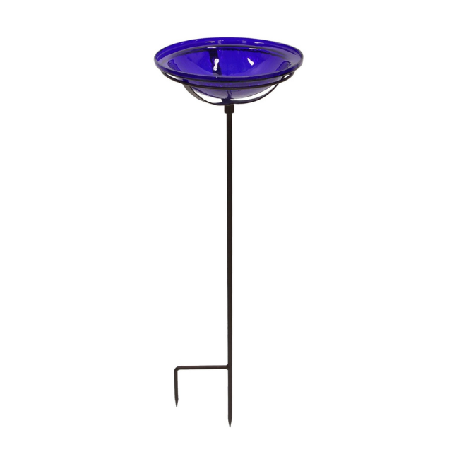 Cobalt glass birdbath with solar-powered fountain, designed to attract birds while adding beauty and color to your garden with a natural, tranquil ambiance.