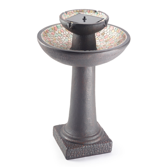 Solar Pebble Stream Fountain in forest brown finish with hand-painted pebbles and solar-powered pump, adding elegance and serenity to your outdoor space.