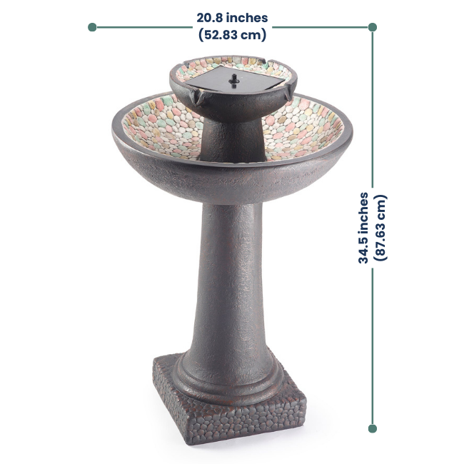Dimensions of Solar Pebble Stream Fountain – 20.8 inches diameter and 34.5 inches height, perfect for adding charm to garden spaces