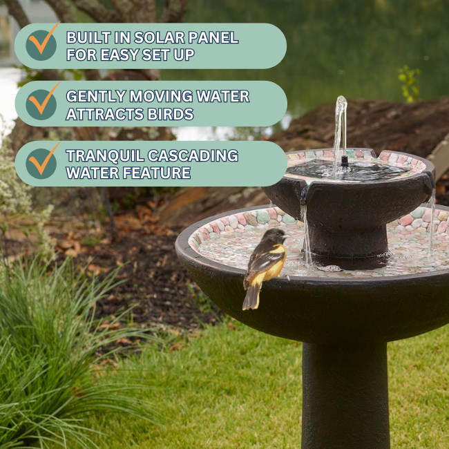 Solar Pebble Stream Fountain with built-in solar panel for easy setup and birds enjoying the gentle water flow, enhancing your garden’s natural beauty.