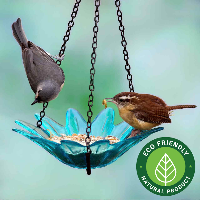 Two birds eating from the Flower Power Teal Glass Birdfeeder, eco-friendly and natural product