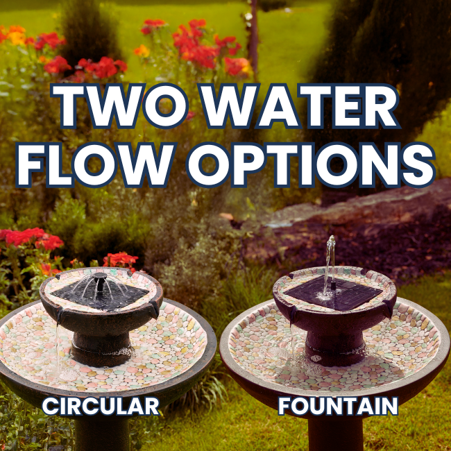 Side-by-side comparison of Solar Pebble Stream Fountain with two water flow options – circular spray and fountain spray, offering customizable water flow effects.