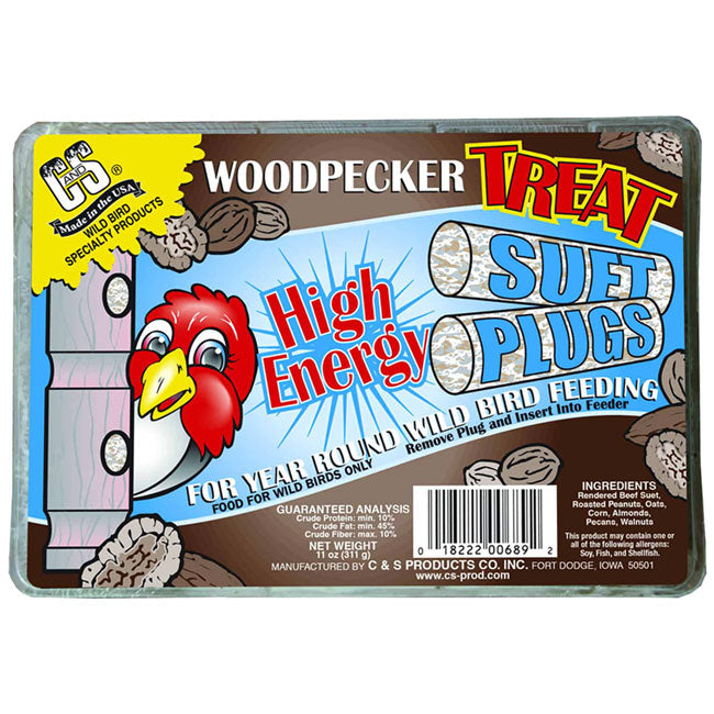 High-energy suet plugs filled with roasted peanuts, almonds, oats, and suet, perfect for woodpeckers and other nut-loving birds. Designed to fit in log-style suet feeders or work with tray and platform feeders. Each plug is individually wrapped to maintain freshness. Ideal for attracting woodpeckers, wrens, chickadees, nuthatches, cardinals, and finches. Made in the USA.
