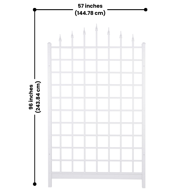The Grand Trellis with dimensions of 57 inches wide and 96 inches high, features sturdy vinyl construction and mounts easily to your wall, creating a timeless look for your garden with minimal upkeep
