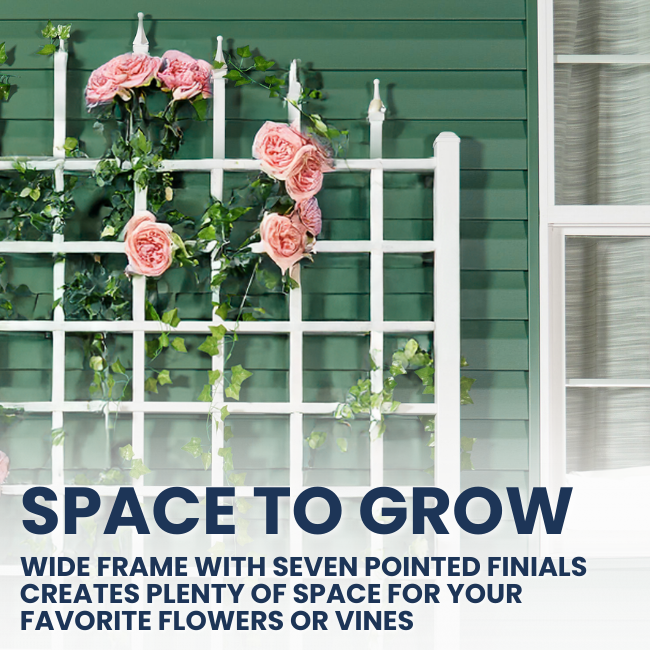 The Grand Trellis offers durable plant support, featuring a strong interior grid ideal for supporting climbing plants and vines. Its robust white vinyl construction ensures minimal maintenance for long-lasting beauty.