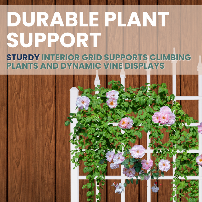 A wide-frame Grand Trellis, with seven pointed finials, creating a majestic look on a garden wall. Vines climb through the trellis structure, showcasing its perfect balance of form and function.