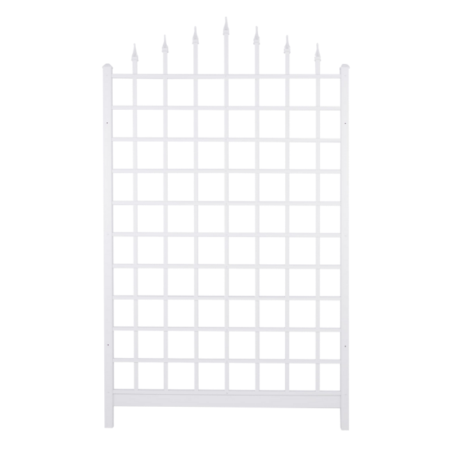 The Grand Trellis features a white vinyl frame with seven pointed finials and a sturdy grid, providing support for climbing plants. This trellis is perfect for adding elegance and a dynamic plant display to your garden wall