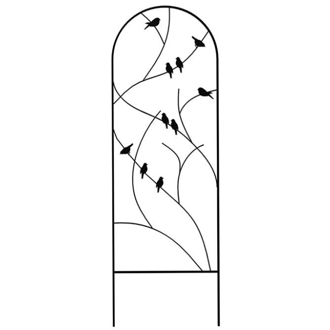 The Songbird Spiral Trellis with a graceful arch design, featuring charming bird silhouettes nestled among curling rods. This sturdy steel trellis provides excellent support for climbing plants and adds whimsical charm to your garden