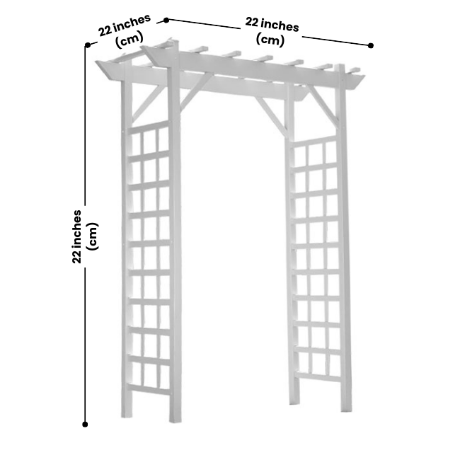 The Vinyl Lattice Arbor with detailed dimensions: 64 inches wide and 85 inches high, offering a perfect space for climbing plants. This UV-resistant white vinyl arbor is easy to assemble and anchors securely into the ground