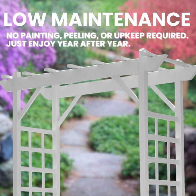 he low-maintenance Vinyl Lattice Arbor standing in a picturesque garden. Built from durable white vinyl, it requires no painting or upkeep, offering year-round beauty with minimal effort