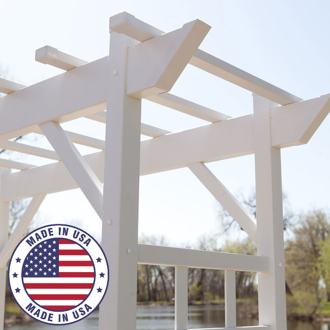A close-up of the top structure of the Vinyl Lattice Arbor showing the elegant flat top and diagonal supports, adding both strength and style to your garden entrance.